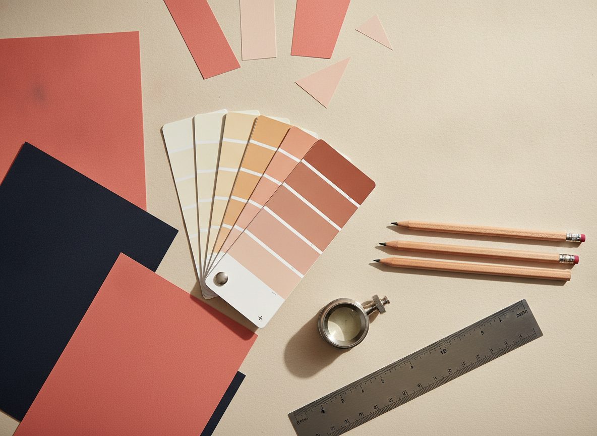 A designer's worktable with paper swatches, a steel ruler, and cut cardstock in coral and ink