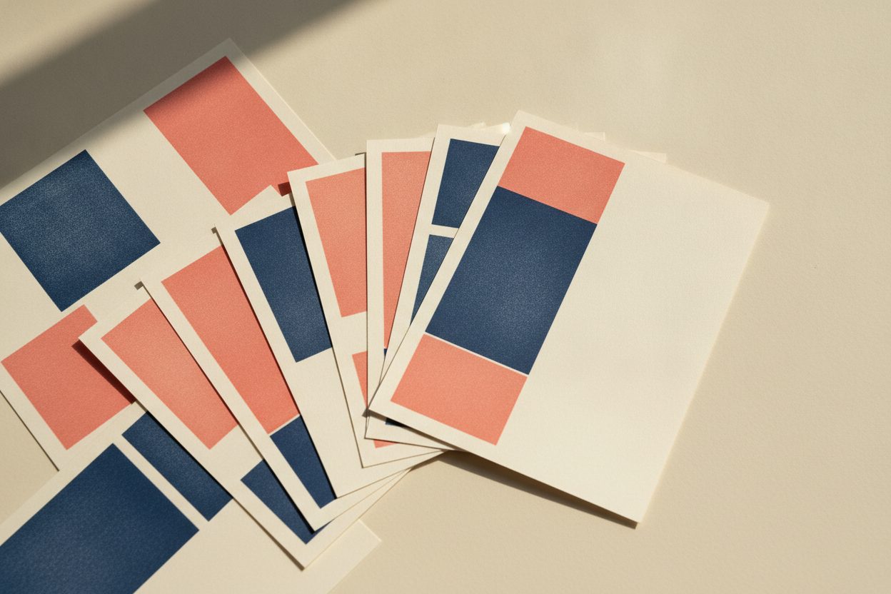 Freshly printed abstract paper samples fanned across a table
